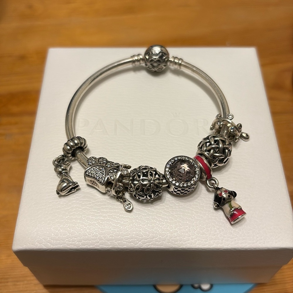 Pandora Silver Bracelet Bangle with Red and Purple Charms